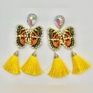Butterfly Tassel Statement Earrings Yellow Crystal Drop